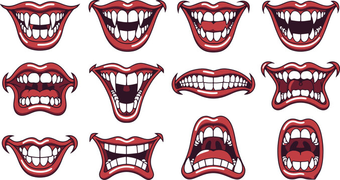 Creative set of cartoon vampire fangs and monster mouths for Halloween graphics and spooky designs.
