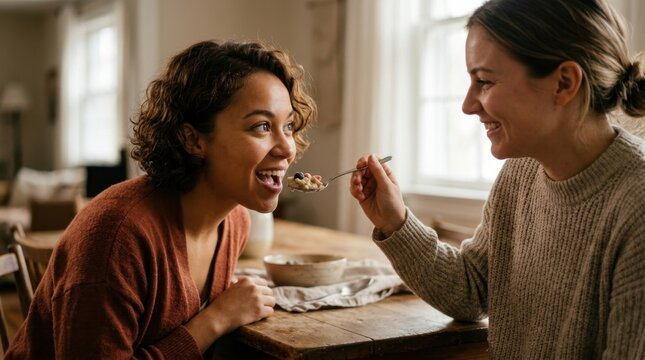 A fun, lighthearted breakfast scene at a wooden table where one person playfully feeds another with a spoon, displaying playful trust, shared happiness, and domestic care.