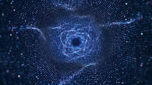 Abstract blue digital tunnel with swirling particles and light
