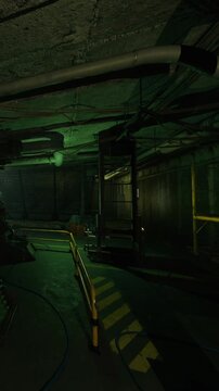 The scene shows an underground space with pipes and shadows. Yellow lines mark the ground, and green light casts across the area. Tools and equipment are scattered about, hinting at activity.