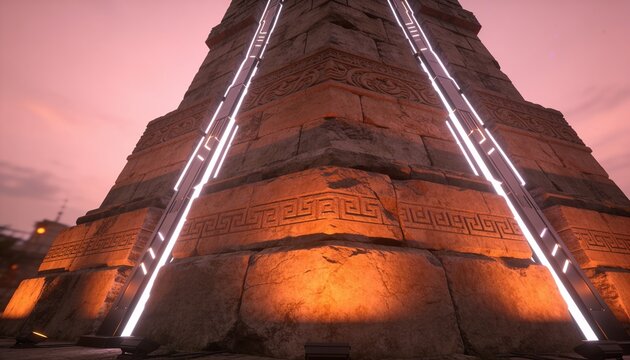 Highlighting tall stone monument base featuring frieze, LED strips and warm uplighting at plaza