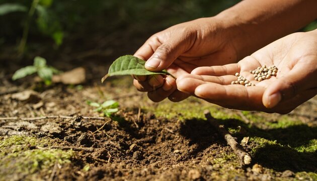 Displaying bare adult hands holding pale seeds and green leaf at garden floor, copy space