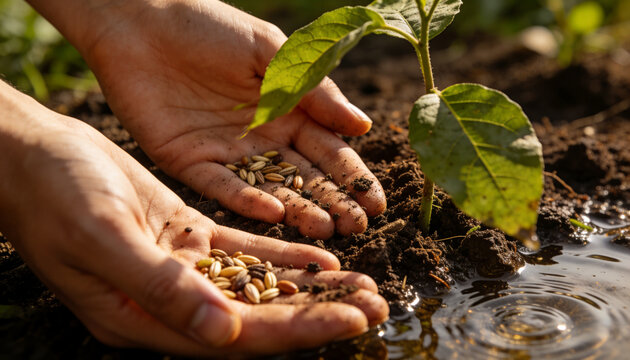 Cupping adult hands holding assorted cereal seeds in garden bed, with seedling and puddle ripples