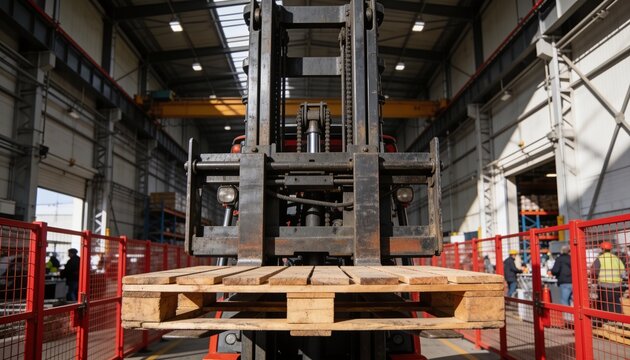 Holding forklift mast, lifting pallet in warehouse aisle, workers wearing safety vests and helmets