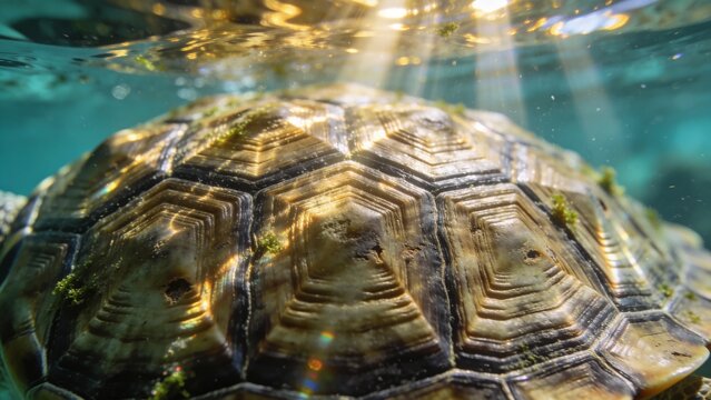 Floating turtle carapace showing algae patches and ringed scutes under sunbeams in turquoise pond