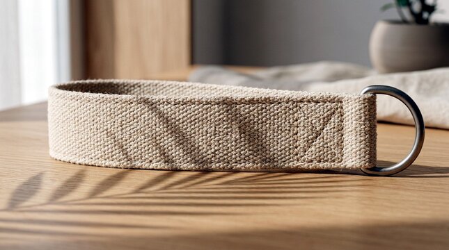 Beige cotton yoga strap on wooden table