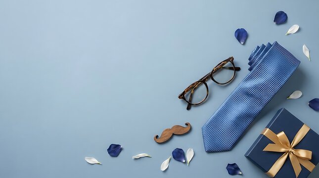 Father's day gift set with necktie glasses and present on blue background, dad gift