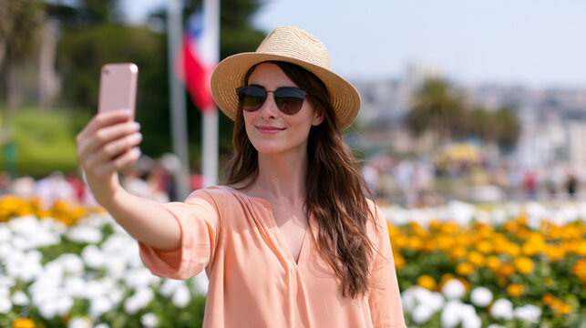 Tourist Woman Taking Selfie at Flower Clock, Vina del Mar, Chile