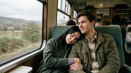 Fototapeta premium One person peacefully asleep while resting their head on a companion's shoulder during a train ride, representing total emotional reliance, safety, and mutual comfort.