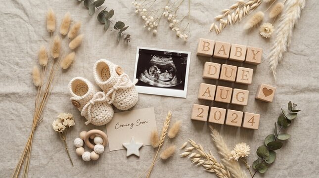Flat Lay Pregnancy Announcement with Ultrasound Photo and Baby Shoes on Neutral Fabric