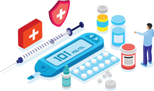 Diabetes Isometric Vector Illustration with Blood Glucose Meter, Insulin Syringe, Pills, Medicine Bottles, First Aid Kit and Doctor on White Background