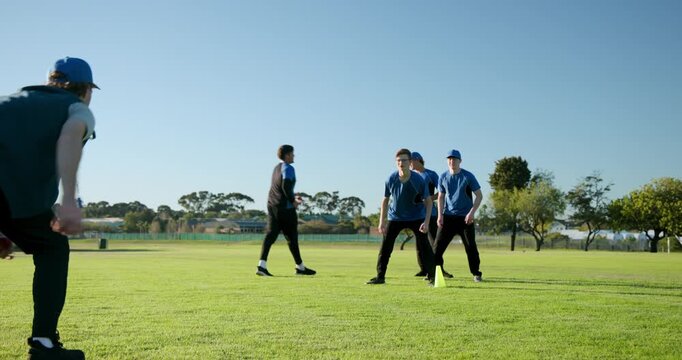 Diverse male cricket team rotating dives around green cone after coach tossing ball on field