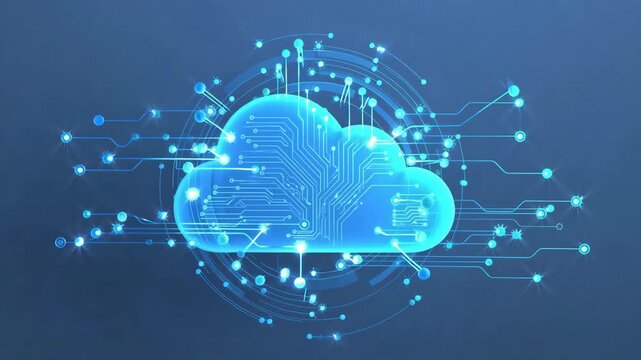 Blue cloud with circuit lines in glowing digital graphic style on dark backdrop, concept of data storage and connectivity