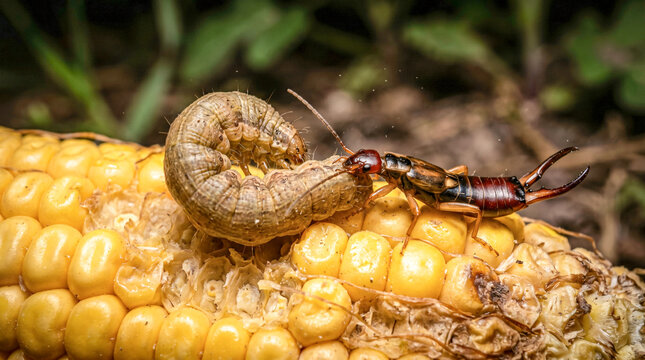 Common earwig controlling pest caterpillar population on yellow sweetcorn cob