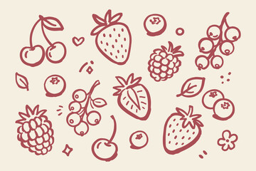 Obraz premium Berry Fruit Set Naive Doodle Vector Illustration