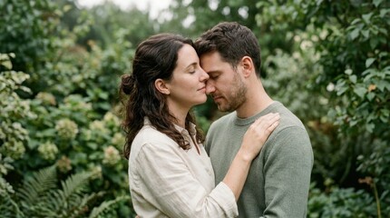 Fototapeta premium An intimate close-up of two people touching foreheads with eyes closed in a green garden, expressing profound tenderness, mutual respect, absolute safety, and quiet love.