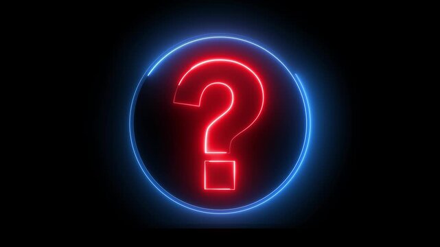 Glowing neon red and blue color question mark sign icon animation quiz confusion mark punctuation interrogative sign education exam circle alphabet sign symbol on black background