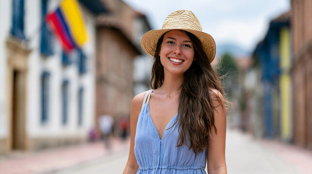 Joyful Traveler Woman in Straw Hat Walking Through Colorful Colonial Streets of La Candelaria in Bogota, Colombia