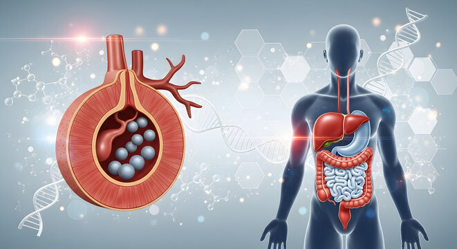 Medical illustration of human gallbladder with gallstones and internal digestive system anatomy.