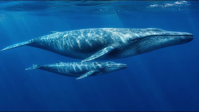 massive majestic blue whale mother swimming in parallel synchronization with calf through sapphire ocean perfect for World Whale and Dolphin Day