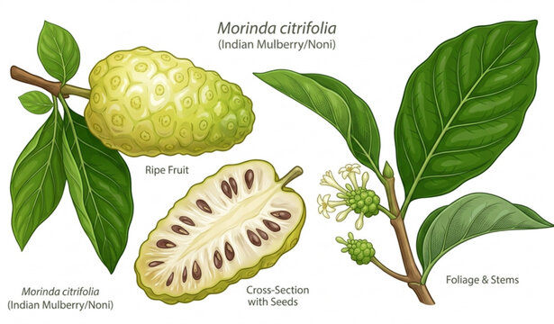 Ripe Indian Mulberry Morinda Citrifolia Botanical Vector Illustration