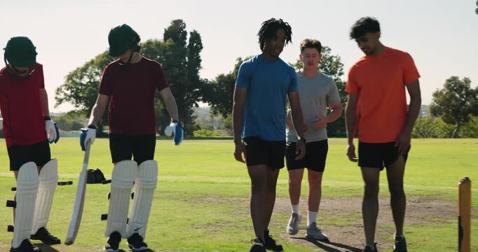 Five male cricket partners walking onto pitch holding bats, fitting helmets preparing for match