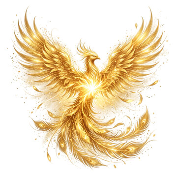 Golden phoenix bird rising with bright glowing wings and magical sparkles in flight motion