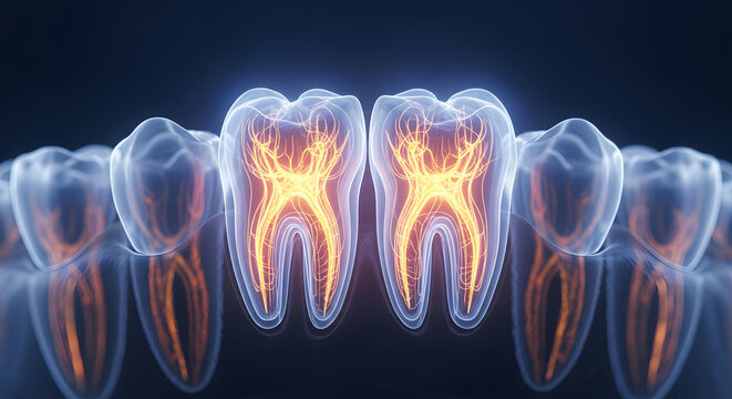 Medical visualization of human teeth showing nerve endings and roots in glowing detail.