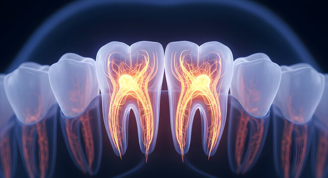 3D medical illustration showing human teeth roots and nerve pulp anatomy.