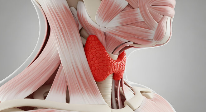 Anatomical 3D illustration of the human thyroid gland located in the neck region.
