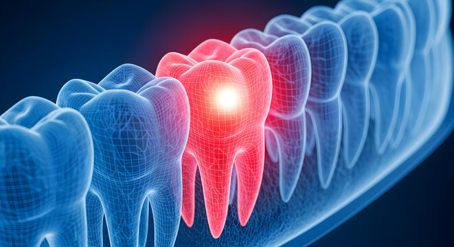 3D medical illustration of a human tooth with dental pain highlighted in red.