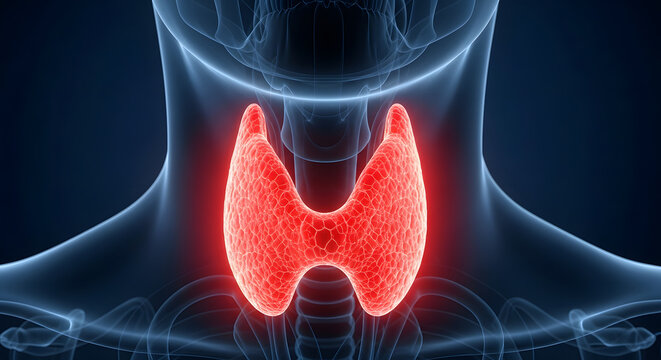 Medical illustration of the human thyroid gland highlighted in red within the neck anatomy.