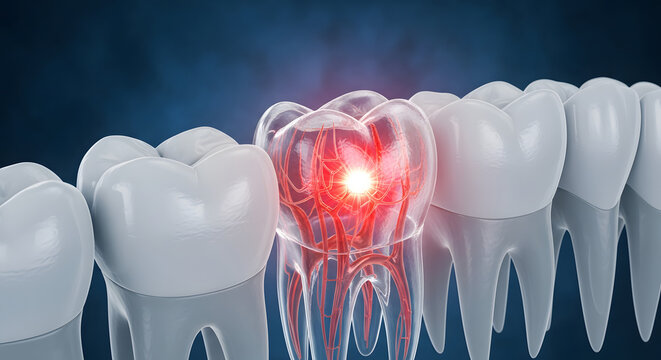 3D illustration of a human tooth with nerve pain and inflammation.