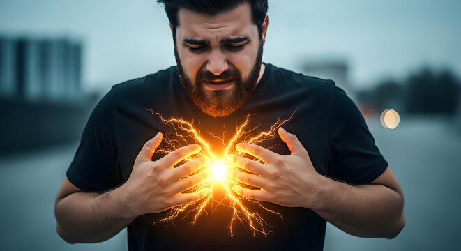 A man experiencing a sudden and intense heart attack with glowing energy in his chest.