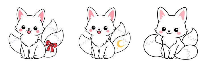 Obraz premium Kawaii Kitsune White fox cute animal cartoon sitting fluffy tail pink ear happy kawaii red bow moon playful cheerful
