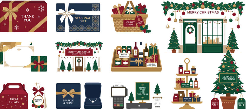 Christmas holiday premium retail shopping gift hamper box and luxury store boutique decoration elements vector illustration set