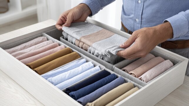 Organized drawer with neatly folded clothes in various colors in a modern home interior