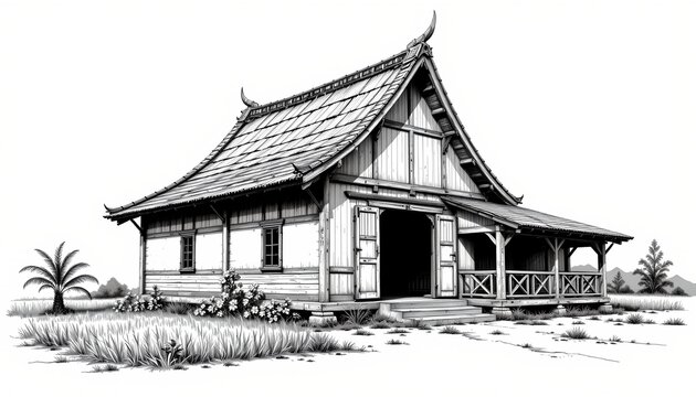 The image depicts a traditional wooden house with a steeply pitched, ornate roof featuring upward curving tips