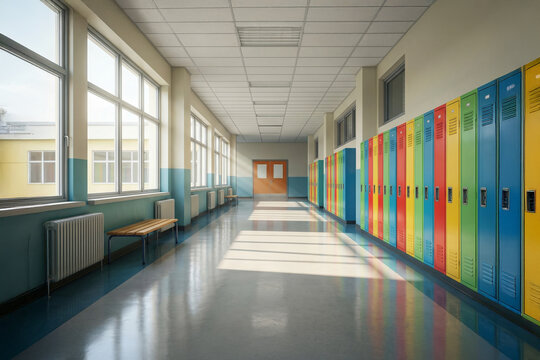 AI generated empty school hallway with colorful lockers liminal space