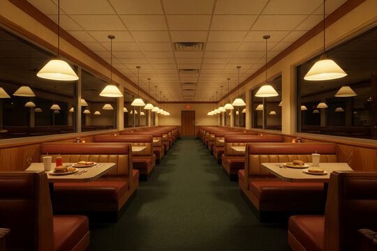 AI generated empty vintage train dining car interior liminal space