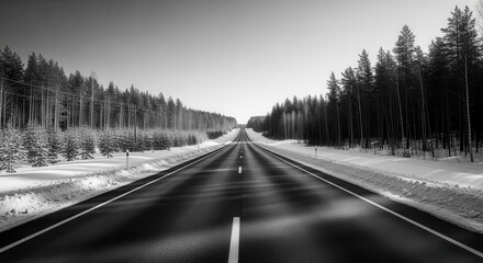 Fototapeta premium Empty snow-covered road through dense winter forest with motion blur and moody overcast lighting