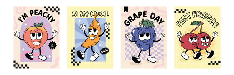 Obraz premium Groovy retro posters with summer fruit characters in trendy style. Cartoon cute stickers, funky comic doodle grape, peach, cherry, banana with expressive faces and slogans. Collection of healthy food
