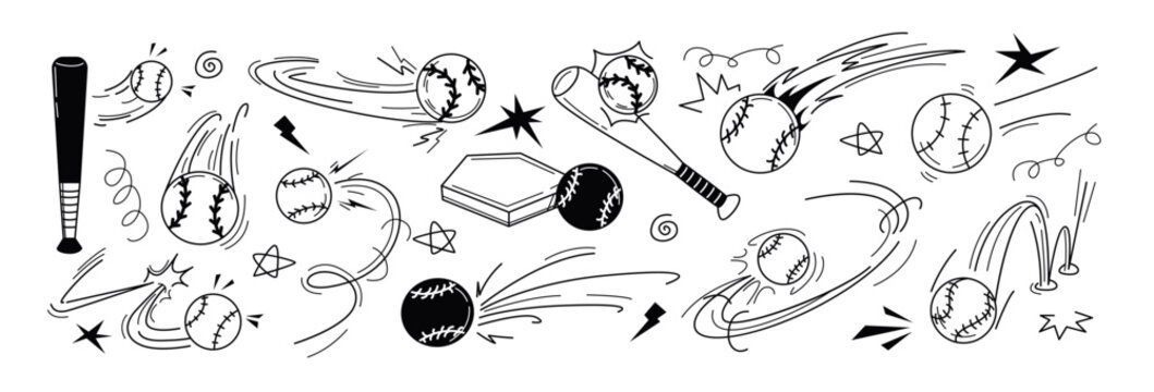 Vector doodle baseball or softball trajectory bounce with motion line effects. Hand drawn sport ball and bat outline black icons with flying, bouncing and spinning movement. Sketch playing equipment