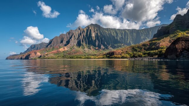 Majestic Na Pali Coast cliffs rise dramatically from the Pacific Ocean on Kauai, Hawaii, under a brilliant blue sky with scattered white clouds at midday