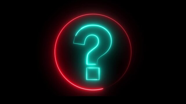Glowing neon red and cyan color question mark sign icon animation quiz confusion mark punctuation interrogative sign education exam circle alphabet sign symbol on black background