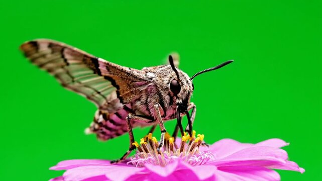 Hummingbird moth feeding on pink zinnia flower isolated on green screen sphinx moth lepidoptera insect