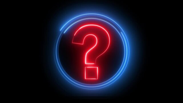 Glowing neon red and blue color question mark sign icon animation quiz confusion mark punctuation interrogative sign education exam circle alphabet sign symbol on black background