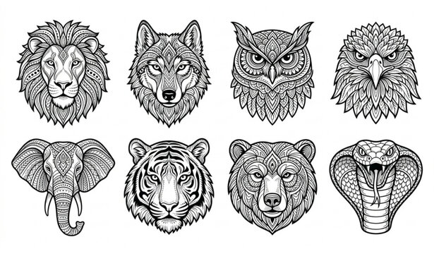 Tribal mandala animal head icons vector set with detailed geometric outline designs for bohemian branding