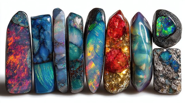 Set of opals with vibrant color patterns and polished surfaces, isolated on white, cut out 