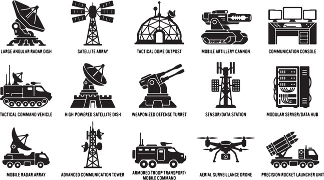 A comprehensive collection of military technology vector graphic icons featuring communication arrays tactical vehicles weaponized turrets and advanced surveillance drone equipment